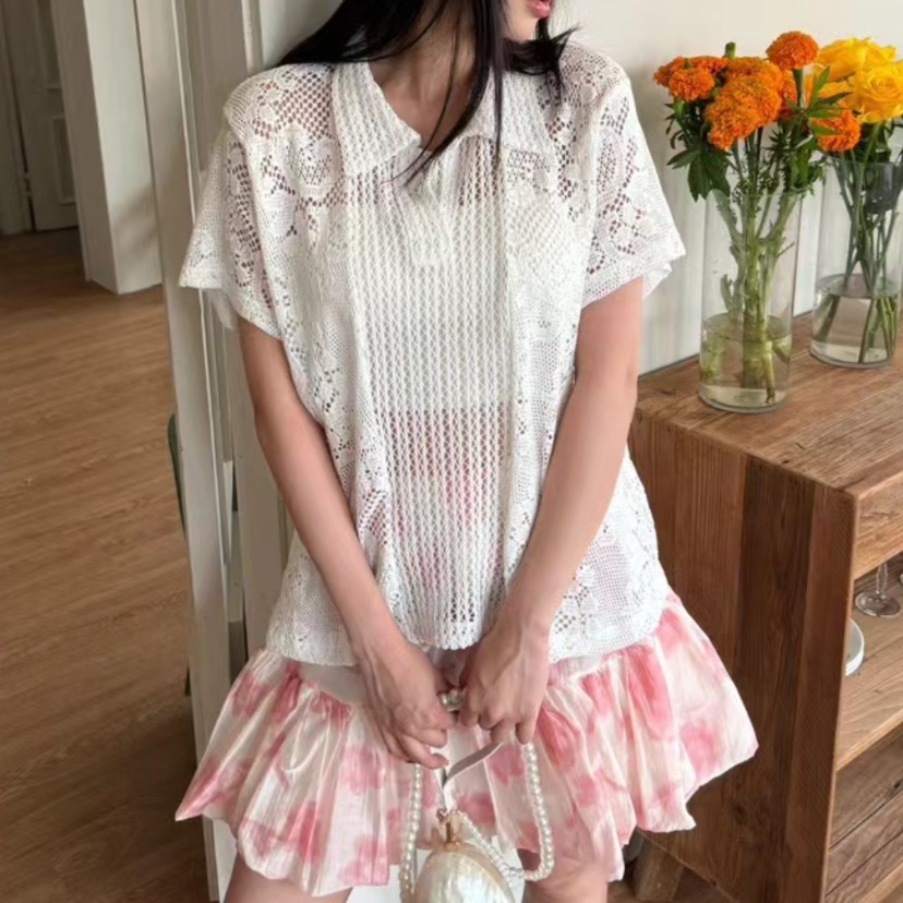 Summer Clothing Online Shopping - Ретро-рубашка с кружевным воротником, женский хлопковый